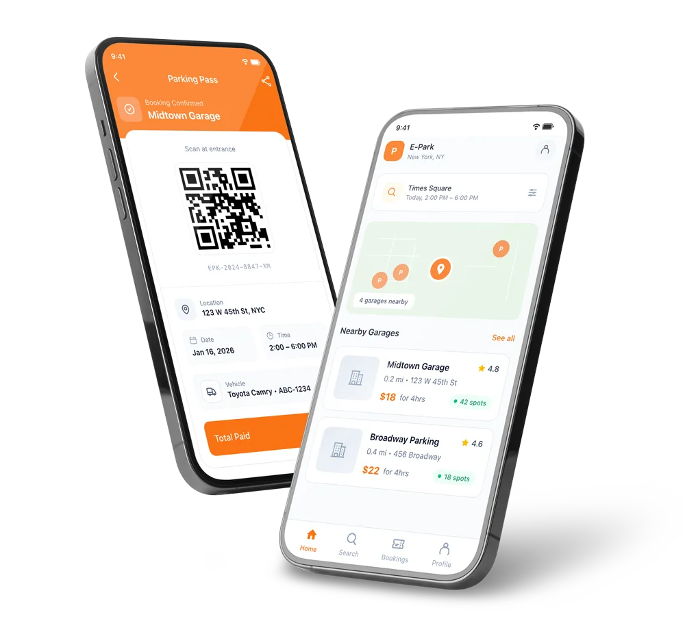 E-Park mobile app showing parking search and booking